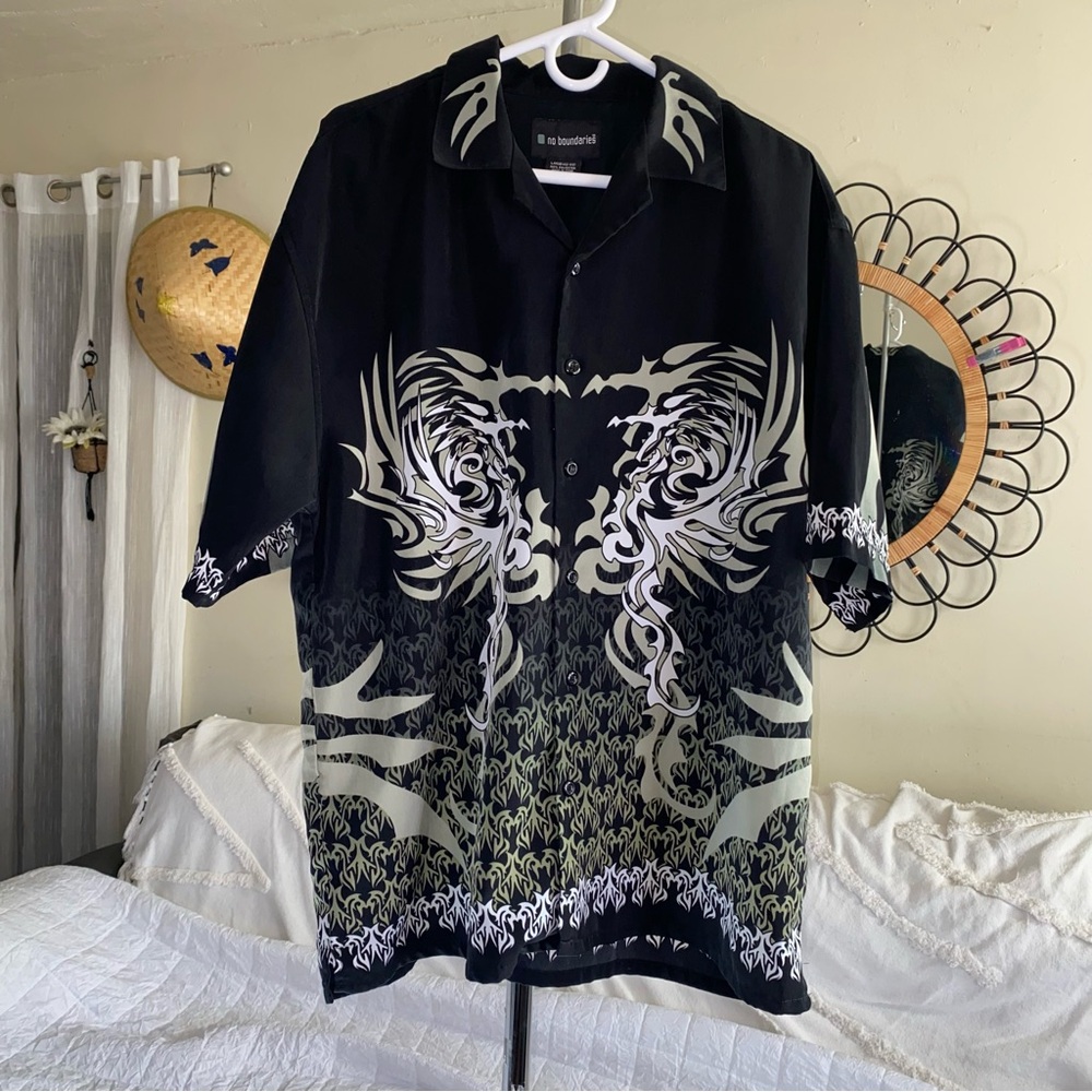 Vintage Y2K Flames Dragon Jesse Pinkman Style Button Front Shirt Size L (42/44)
